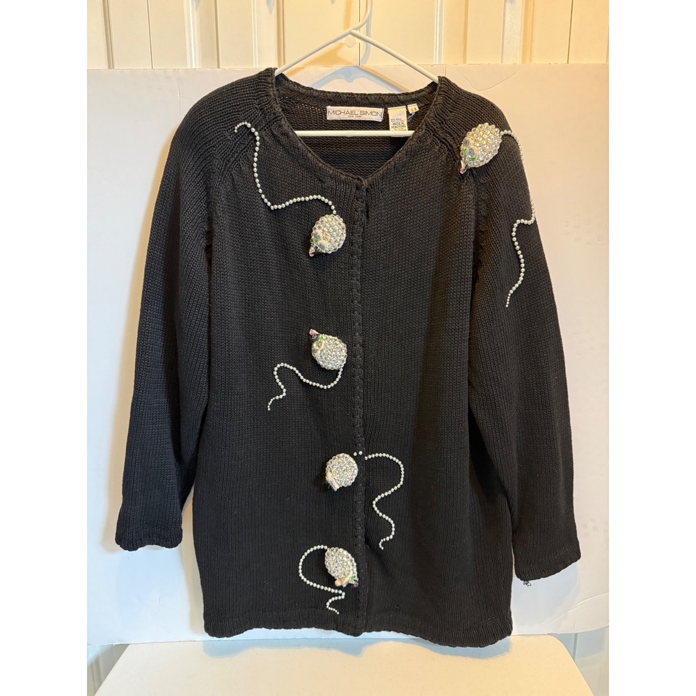 Michael Simon Vintage Black Cardigan Beaded Mouse 3D Embellished Sweater Long